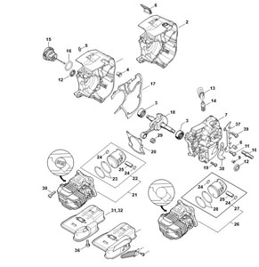 MS 201 C-M - Skrzynia korbowa, cylinder, tłumik wydechu spalin