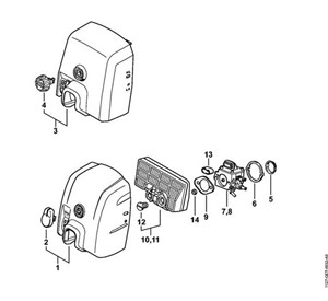 MS 390 -Pokrywa komory gaźnika, filtr powietrza