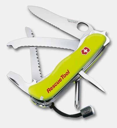 Scyzoryk Victorinox Rescue Tool z żółtą rękojeścią, wyposażony w piłę, ostrze do cięcia pasów i narzędzie do wybijania szyb.