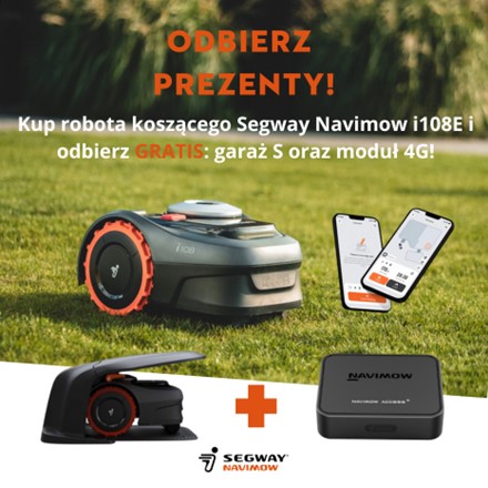 Kosiarka automatyczna Segway Navimow i108E z pomarańczowymi kołami, eleganckim czarno-szarym designem, wyposażona w centralne pokrętło sterujące.