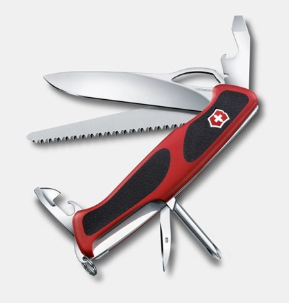 Scyzoryk Victorinox Ranger 78 M Grip z czerwoną rękojeścią, wyposażony w piłę, śrubokręt, korkociąg i blokowane ostrze.