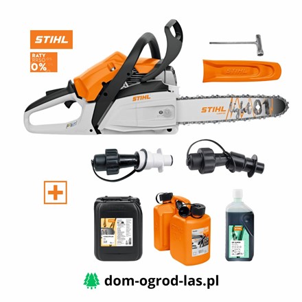 Zestaw STIHL: pilarka spalinowa MS 172, olej HP Super 1 l, olej ForestPlus 5 l, pomarańczowy Kombi-Kanister 3 l/1,5 l oraz systemy napełniania paliwa