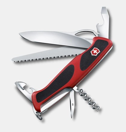 Scyzoryk Victorinox Ranger 79 M Grip z czerwoną rękojeścią, piłą do drewna, dużym blokowanym ostrzem, korkociągiem i otwieraczem do puszek.