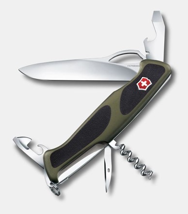 Scyzoryk Victorinox Ranger 61 M Grip w zielonej wersji, z dużym ostrzem, korkociągiem, otwieraczem do butelek i solidnymi okładzinami.