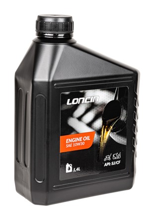 Duża butelka oryginalnego oleju silnikowego Loncin 10W30 o pojemności 1.4 litra do maszyn ogrodniczych czterosuwowych.