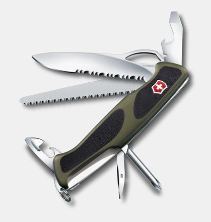 Scyzoryk Victorinox Ranger 178 M Grip w zielonym kolorze, z dużym blokowanym ostrzem, piłą do drewna i narzędziami wielofunkcyjnymi.