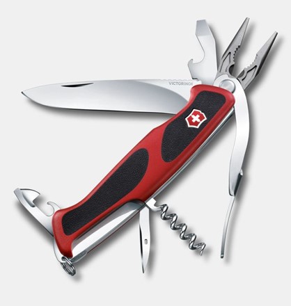 Czerwony scyzoryk Victorinox Ranger 74 Grip wyposażony w ostrze, szczypce, korkociąg oraz inne narzędzia.