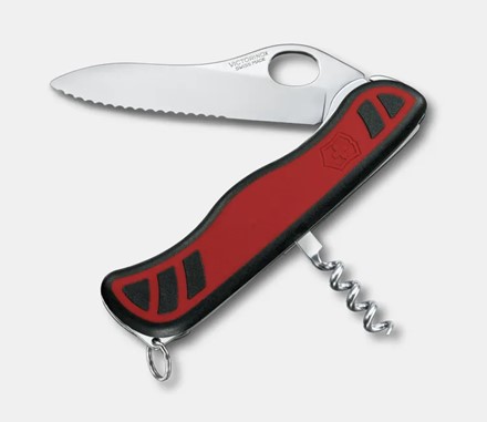 Scyzoryk Victorinox Alpineer Grip z czerwono-czarną rękojeścią, wyposażony w ząbkowane ostrze, korkociąg i inne funkcje