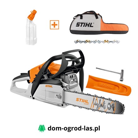 Zestaw STIHL MS 212 z dodatkowym łańcuchem tnącym, torbą transportową, butelką do mieszanki paliwowej, osłoną prowadnicy i kluczem serwisowym