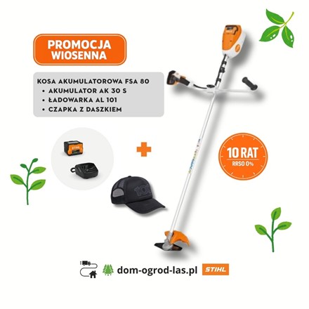 Kosa akumulatorowa STIHL FSA 80 z akumulatorem AK 30 S i ładowarką AL 101 oraz czapką – promocja wiosenna 10 rat 0%