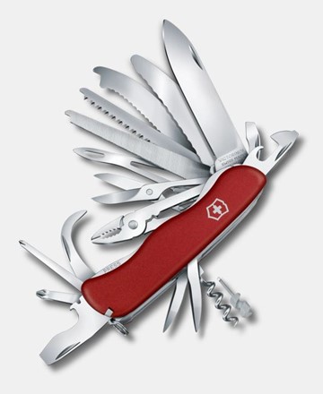 Czerwony  Scyzoryk Victorinox Work Champ XL z 31 funkcjami, w tym kombinerkami, piłami, nożyczkami, korkociągiem i śrubokrętami.