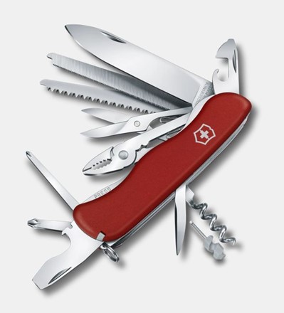 Scyzoryk Victorinox Work Champ z czerwoną rękojeścią, wyposażony w 21 funkcji, w tym kombinerki, piłę, korkociąg i pilnik.