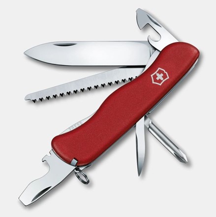 Scyzoryk Victorinox Trailmaster z czerwoną rękojeścią, wyposażony w piłę do drewna, śrubokręt i blokowane ostrze.