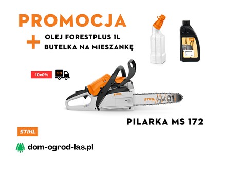 Reklama promocyjna pilarki MS 172 STIHL z dodatkami: olej 1L i butelka na mieszankę