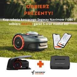 Kosiarka automatyczna Segway Navimow i108E z pomarańczowymi kołami, eleganckim czarno-szarym designem, wyposażona w centralne pokrętło sterujące.