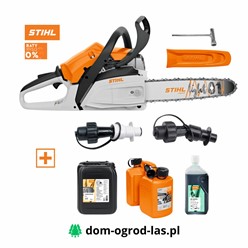Zestaw STIHL: pilarka spalinowa MS 172, olej HP Super 1 l, olej ForestPlus 5 l, pomarańczowy Kombi-Kanister 3 l/1,5 l oraz systemy napełniania paliwa