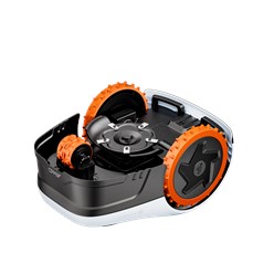 Bezprzewodowy robot koszący Segway Navimow i205 AWD pracujący w ogrodzie z gęstą roślinnością