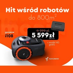 Kosiarka automatyczna Segway Navimow i108E z pomarańczowymi kołami, eleganckim czarno-szarym designem, wyposażona w centralne pokrętło sterujące.