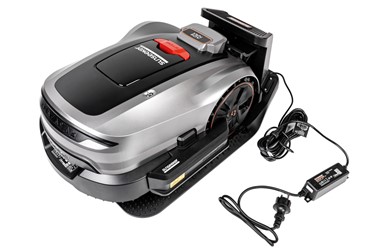 Robot koszący Sunseeker Elite X3 Gen 2 pracujący w ogrodzie bez przewodu ograniczającego.