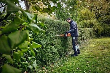 Akumulatorowe nożyce do żywopłotu STIHL HSA 100. Urządzenie ma charakterystyczną biało-pomarańczową kolorystykę.