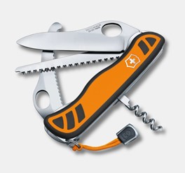 Scyzoryk Victorinox Hunter XT Grip z pomarańczową rękojeścią, piłą do drewna, korkociągiem, otwieraczem do butelek i zawieszką.